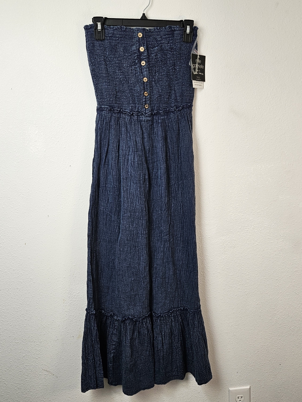 Mlle Gabrielle Navy Crinkle Strapless Maxi Dress Small Cotton New